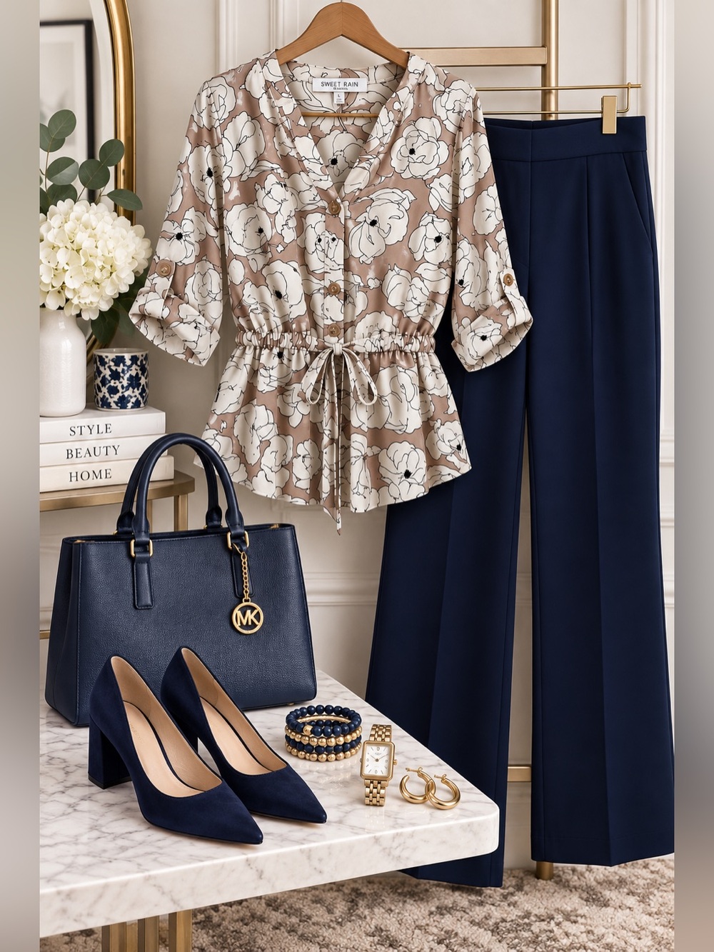 Sweet Rain Brown White Floral Button Up Blouse